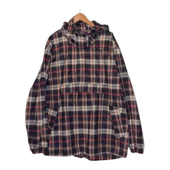 GAP Men’s XL 90s Blue Red Plaid Pullover ANORAK JACKET Hood Quarter Zip VINTAGE - Picture 1 of 15